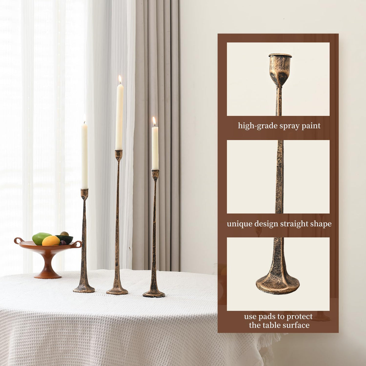 Set of 3 Candle Stick Holders, Iron Antique Gold Candlestick Holders, Fits 3/4 inch Thick Candles, Tapered Candle Holders Tall Set for Dining Table, Wedding, Home Decoration
