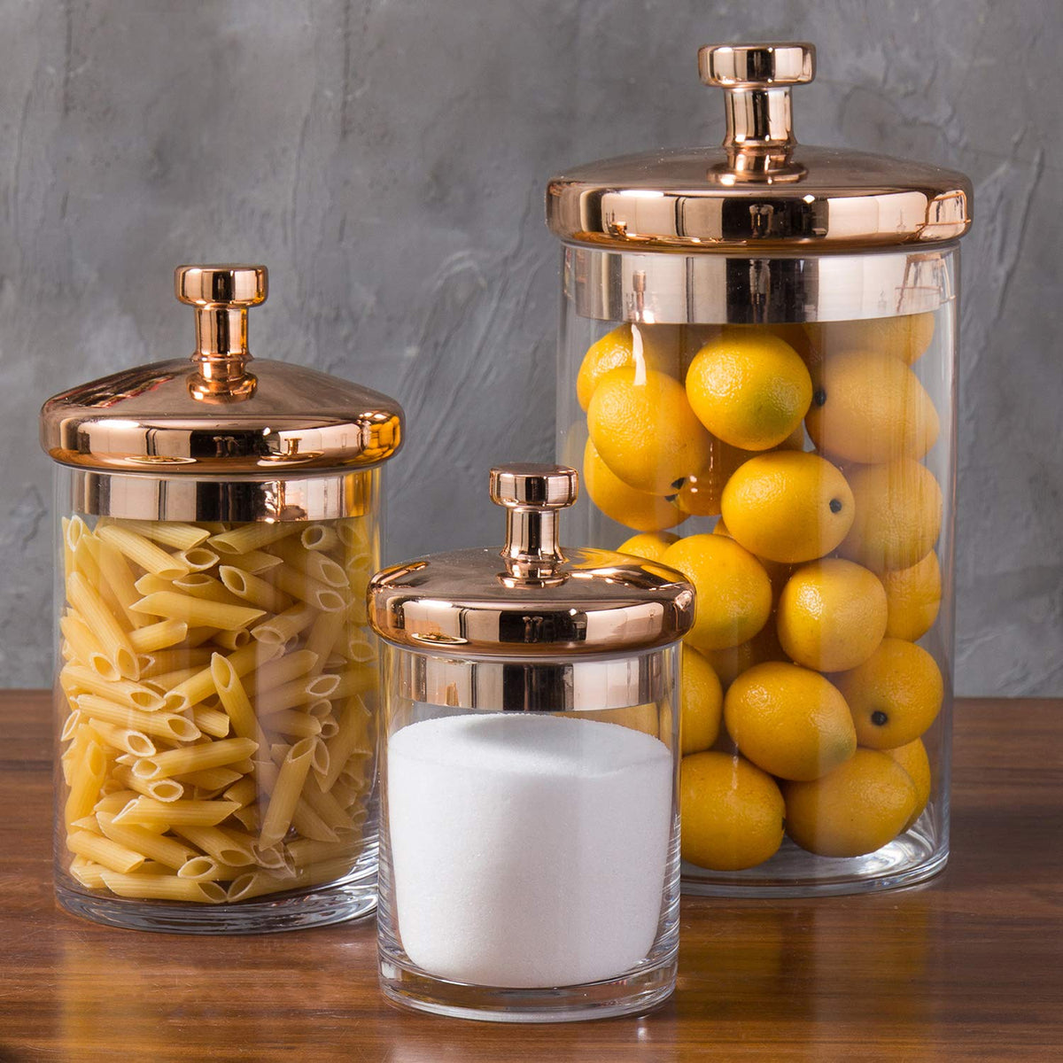 MyGift Glass Apothecary Cookie Jar Set with Copper Lid - Decorative Kitchen and Bath Storage Canisters, Wedding Centerpiece Jars, Candy Buffet with Lids