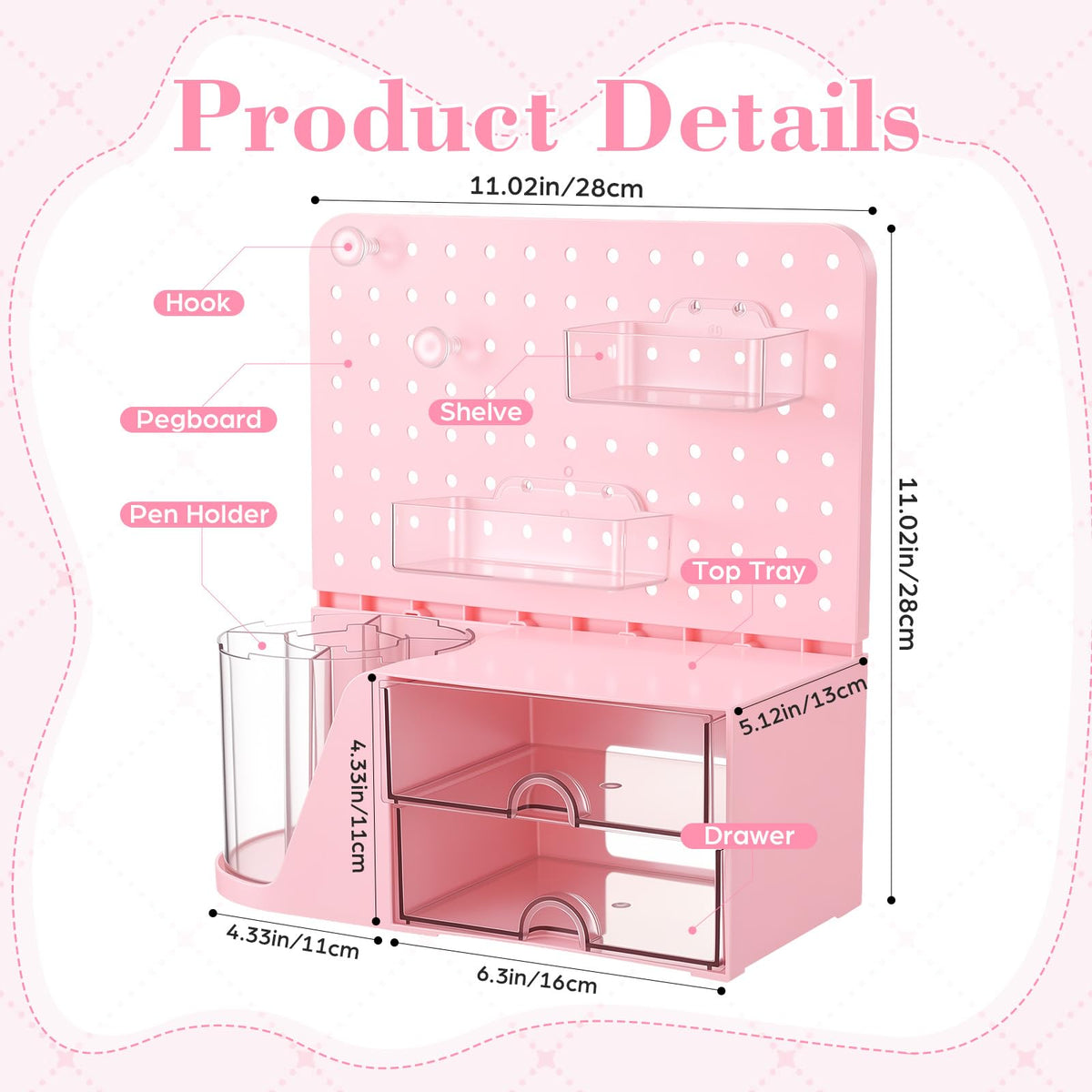Novabright Desk Organizer with 2 Drawers, Rotating Pen Holder with 5 Slots & Pegboard, Back to School & End of School Year Gifts, Multifunctional Desktop Storage for Desk Home Office Supplies(Pink)