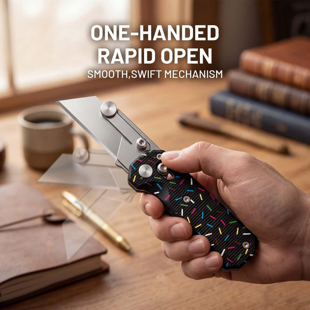 Folding Utility Knife for Women Men,Quick Change Box Cutter with 10Pcs SK5 Replaceable Blades,EDC Razor Knife for Cartons,Cardboard,Boxes,Christmas Stocking Stuffers Gifts for Men Husband(donut black)