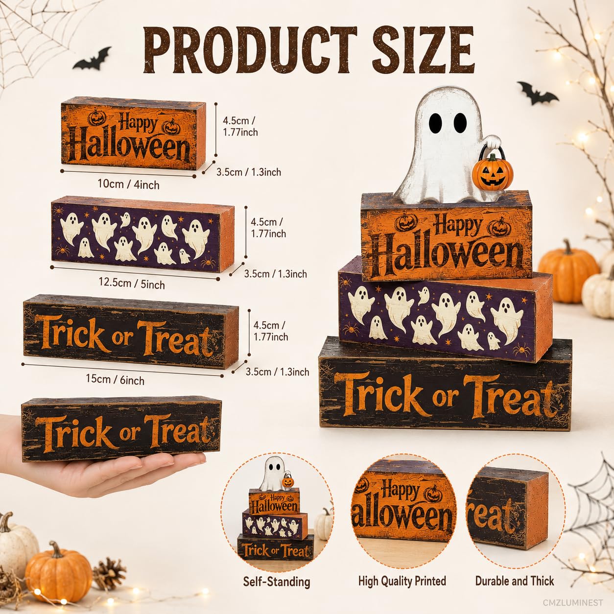 4 Pcs Halloween Table Decorations, Rustic Farmhouse Wooden Block Signs with Ghost & Jack-o'-Lantern, Trick or Treat Tiered Tray Decor, Happy Halloween Tabletop Centerpiece for Home Office Mantel Kitchen Shelf