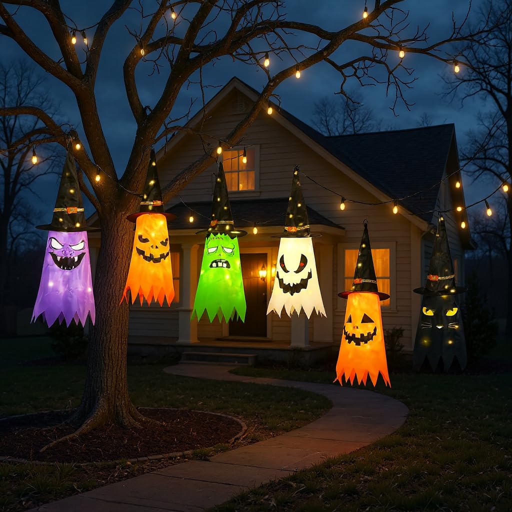 Qilery 6 PCS Hanging Witch Ghost Hats Decorations - Halloween Hanging Ghosts Decorations Outdoor - 31 Lighted Pumpkin, Cat, Mummy, Vampire, Zombie Theme for Yard Tree Porch Patio Garden Party