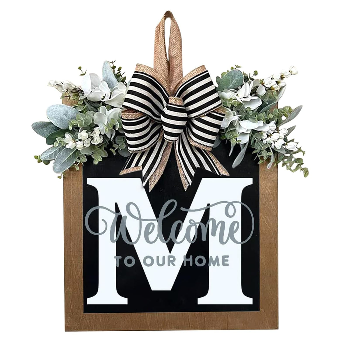Last Name All Year Round Front Door Wreath with 26 Initial Letter Welcome Sign All Seasons Eucalyptus Garland and Bow ，Farmhouse, Porch, for Spring Summer Fall All Seasons Holiday Halloween Christmas. (M)
