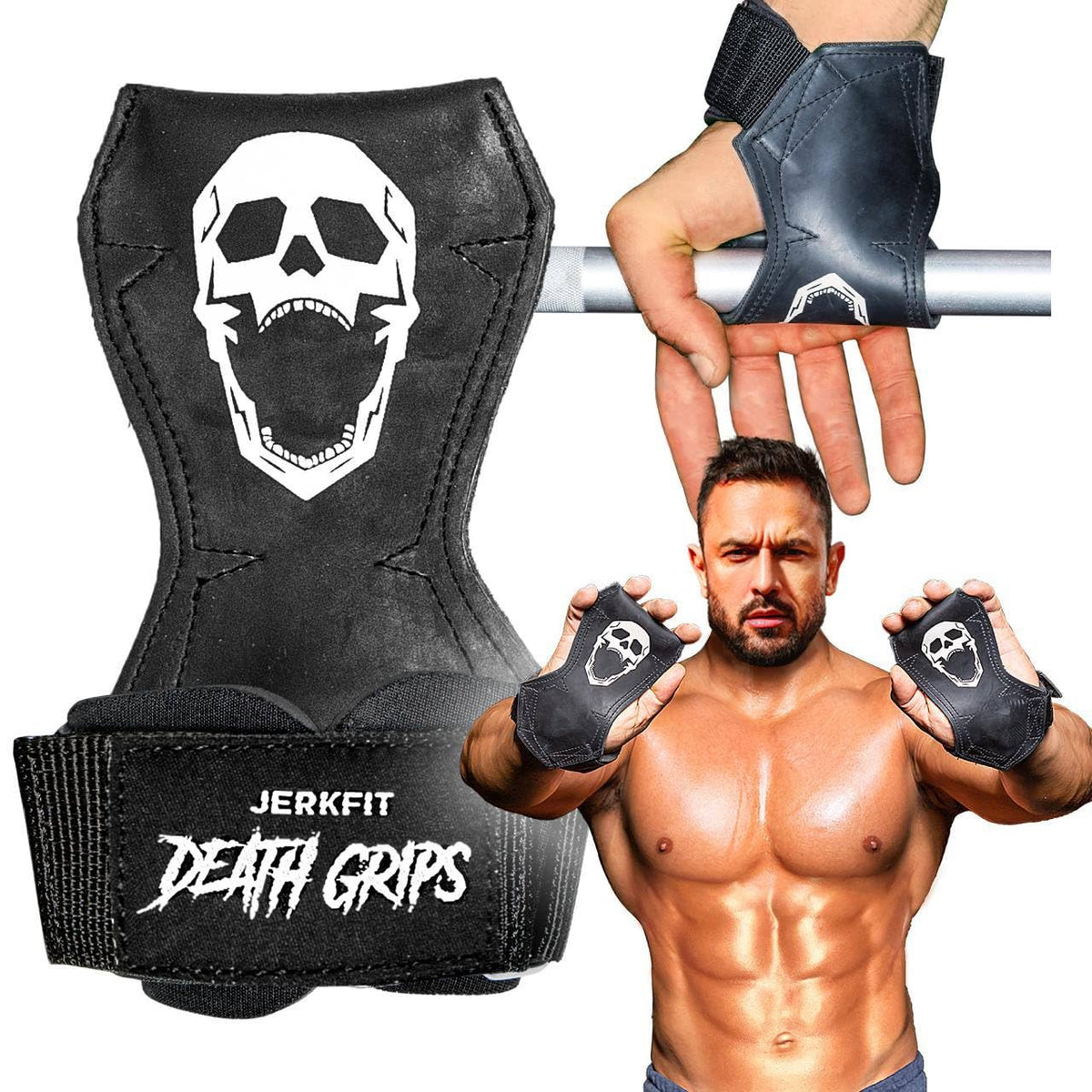 JerkFit Death Grips, Lifting Straps for Deadlifts, Pull Ups, and Heavy Shrugs, with Padded Support, Palm Protection & Increased Grip for Heavy Pull Lifts (Small)