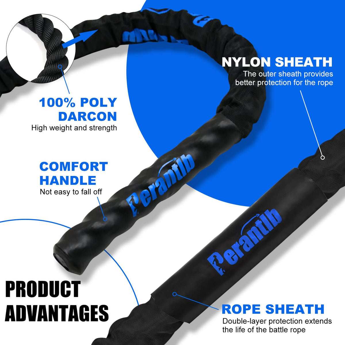 Perantlb 100% Poly Dacron Heavy Battle Rope - 1.5", 30' 40' 50' Lengths - Upgraded Durable Protective Sleeve - Gym Muscle Toning Metabolic Workout Fitness - Anchor Strap Kit Included (1.5" x 40 ft)