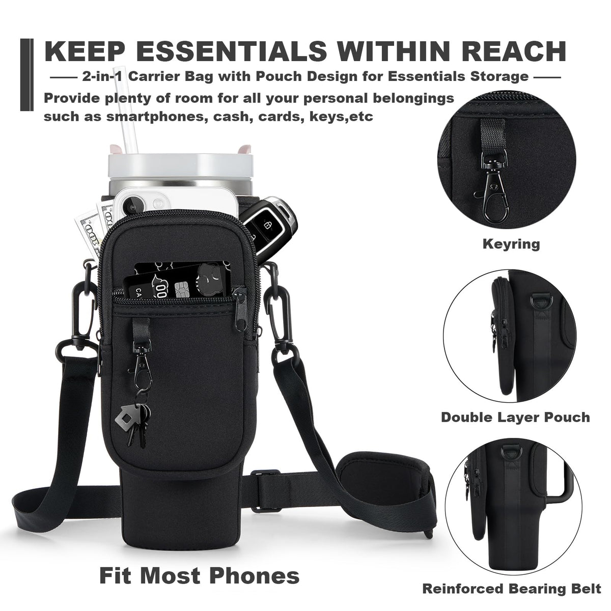 BULKITEM Water Bottle Carrier Bag with Phone Pocket for Black Stanley 40 oz Tumbler with Handle, Black Insulated Neoprene Cup Holder Pouch Strap for Valentines Stanley Cup Accessories