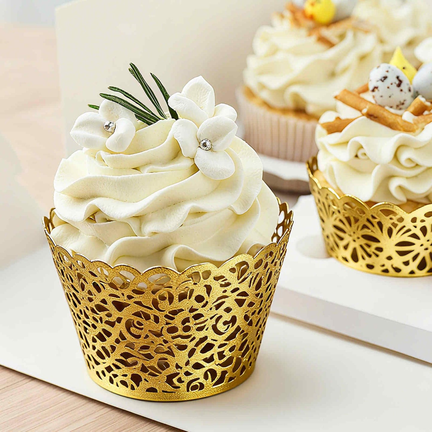 HARFINGTON 50 Pcs Lace Cupcake Liners Standard Vine Designed Hollow Out Cupcake Wraps Artistic Bake Cake Paper Cups for Anniversary Birthday Weddings Parties, White