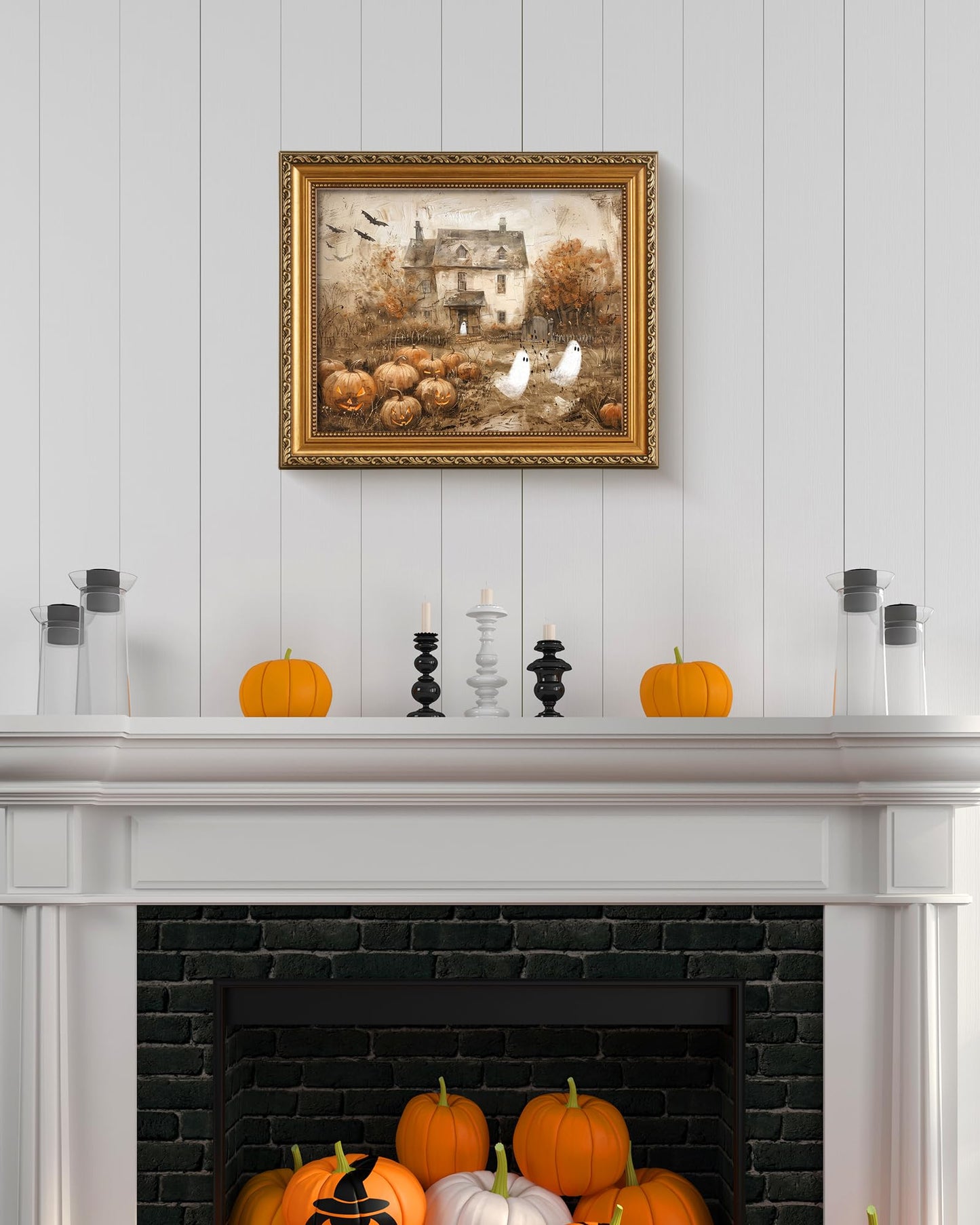 Vodefoad Retro Detachable Gold Framed Wall Art for Home Decor Halloween Pumpkins with Cute Ghost Farmhouse Gold Framed Wall Decor Prints Halloween Gothic Dark Academia Painting Picture for Kitchen, Gallery, Bathroom Wall decor - 8x10Inch