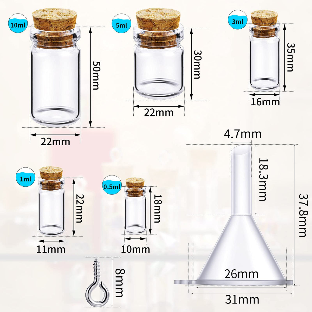 Sherli 45 Pcs Small Mini Glass Bottles with Cork Stoppers Small Glass Jars with Lids Tiny Spell Jars with 50 Eye Screws and 3 Funnels for DIY Art Craft(0.5ml, 1ml, 3ml, 5ml, 10ml)
