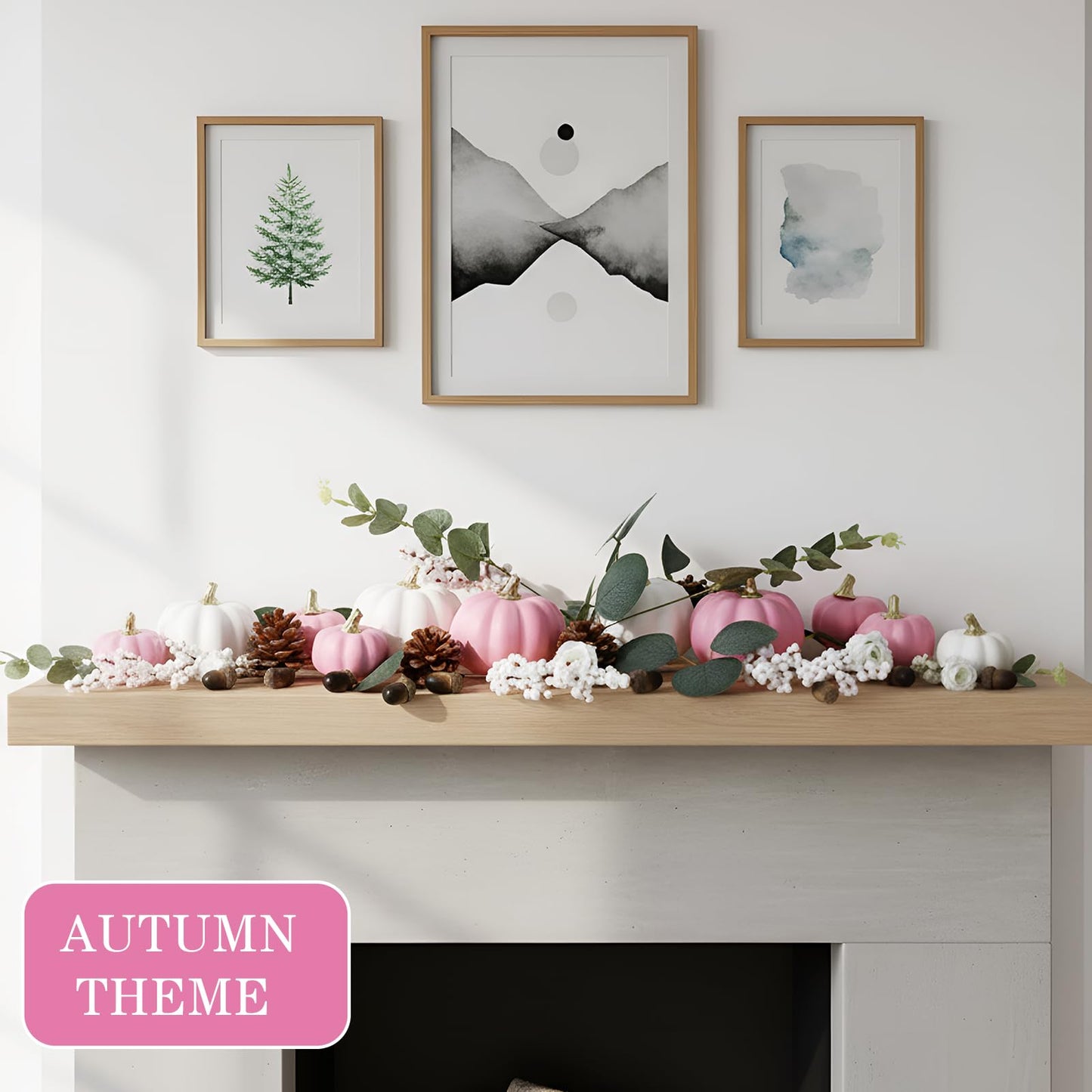 Artificial Pumpkin Eucalyptus Leaves Fall Decor, 56 PCS Fall Harvest Decorations for Halloween Thanksgiving with Pumpkins Acorns Pinecones Berries Leaves for Farmhouse Table Tiered Tray(White,Pink)