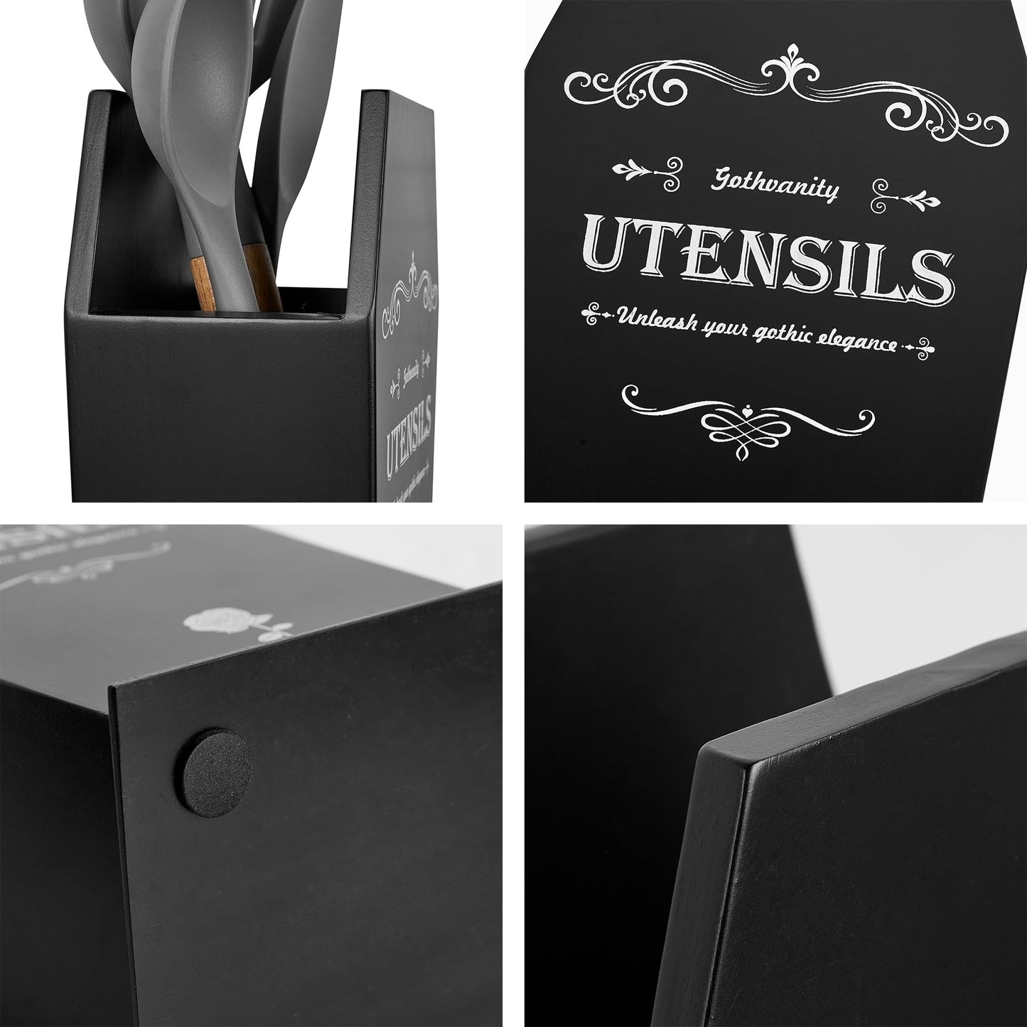 Gothvanity Gothic Coffin Utensil Holder - Large Stable Spooky Dark Aesthetic Kitchen Organizer, Wooden Black Kitchen Decor 12.5X8X5 Inches