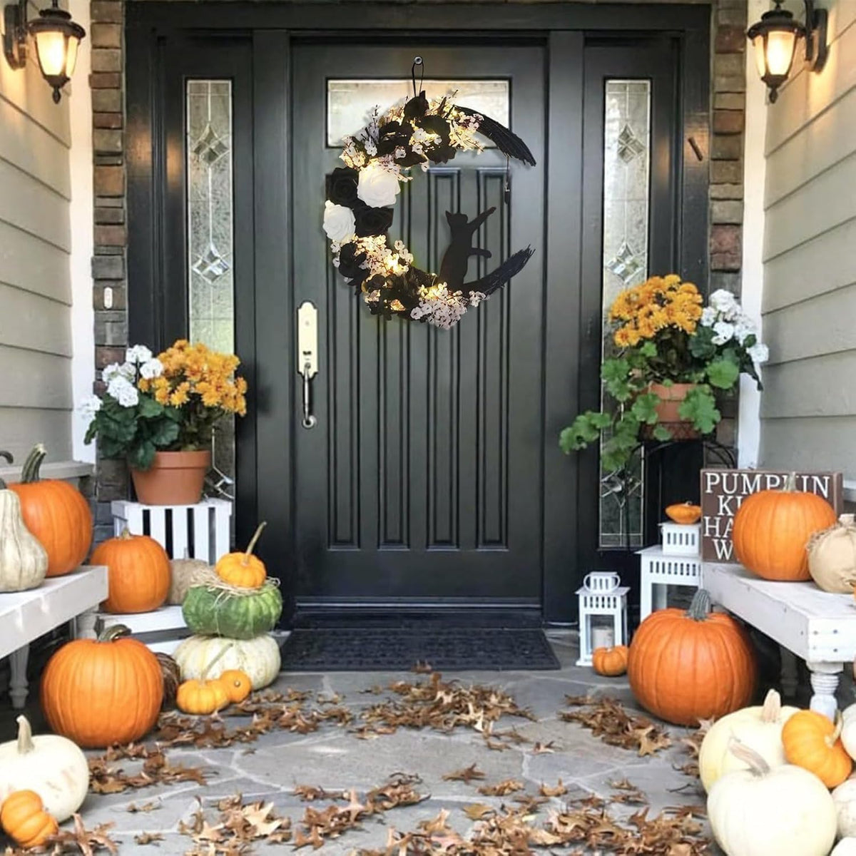 Black White Halloween Wreath with Lights, Crescent Moon Cat Gothic Wreath with Black Rose, Witchy Dark Spooky Front Door Decor for Indoor Wall Home (Black, with Lights)
