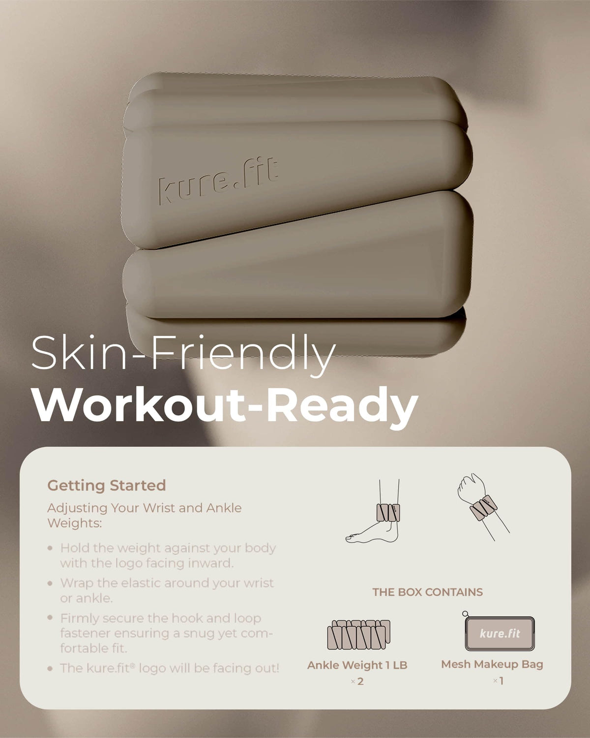 kure.fit Weighted Bangles | Adjustable Wrist and Ankle Weights for Women 1LB Each (Set of 2) | Ankle Weights for Yoga, Pilates & Walking | Leg & Arm Weights for Men | Home & Gym Workouts | Taupe