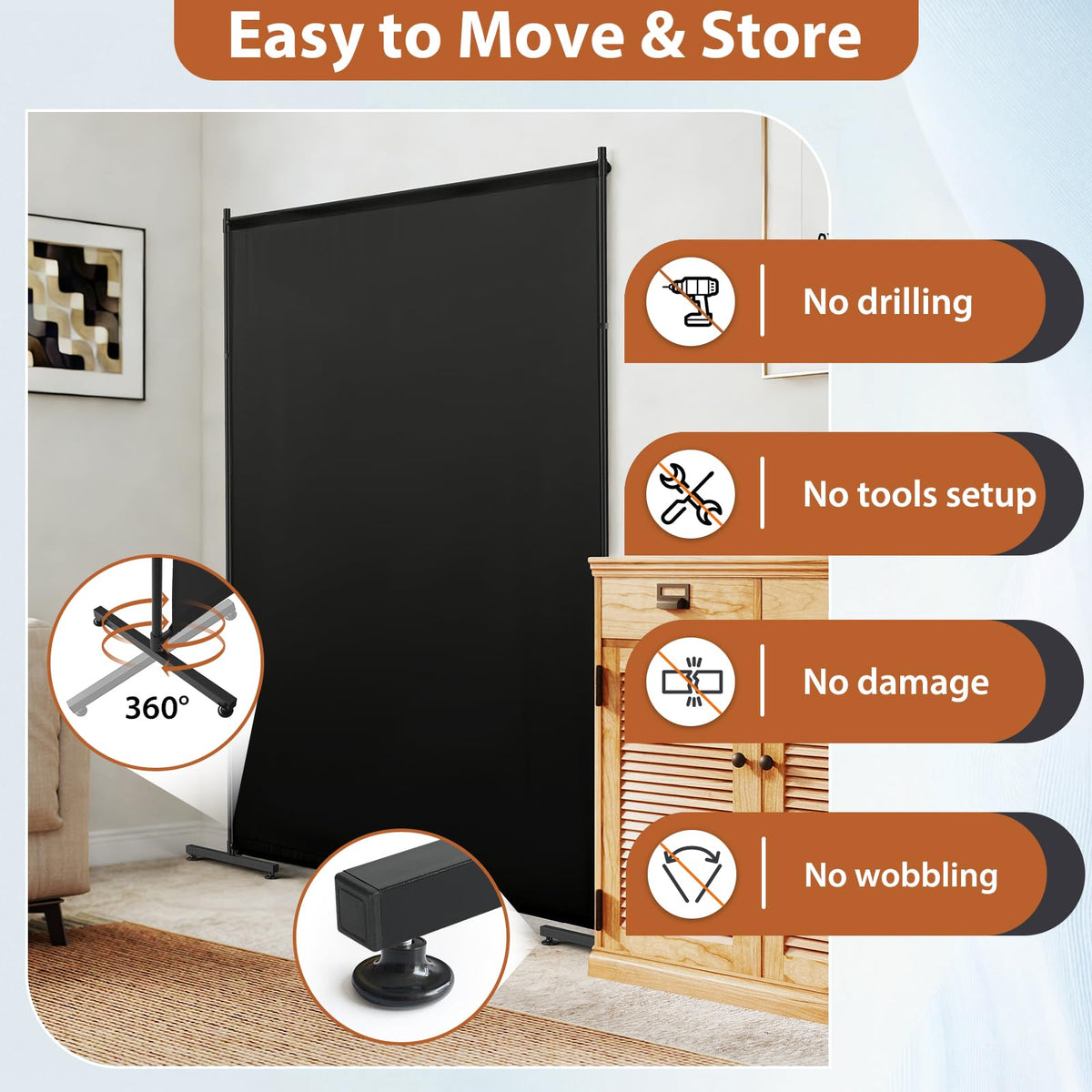 Room Divider Single Panel, 5FTX6FT Compact Privacy Screen with Thick Fabric,Temporary Partition Wall for Room Separation, Portable for Studio Apartment, Bedroom,Home Office,Black