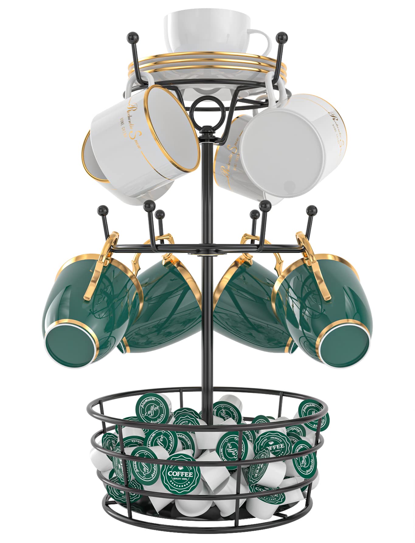 ASTLIHO 360° Rotating Coffee Mug Holder - Metal 3 Tier Mug Tree Rack Cup Holder for Countertop with 10 Hooks, Coffee Pods Holder for Bar Organizer Kitchen Counter - Black