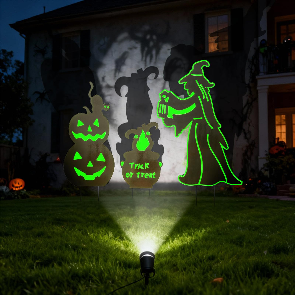 Halloween Outdoor Yard Decorations, 3 Pack Glow in The Dark Witch and Pumpkin Lawn Signs Waterproof Witch's Cauldron Potions for Garden, Walkway, Patio, Porch Outside Decor