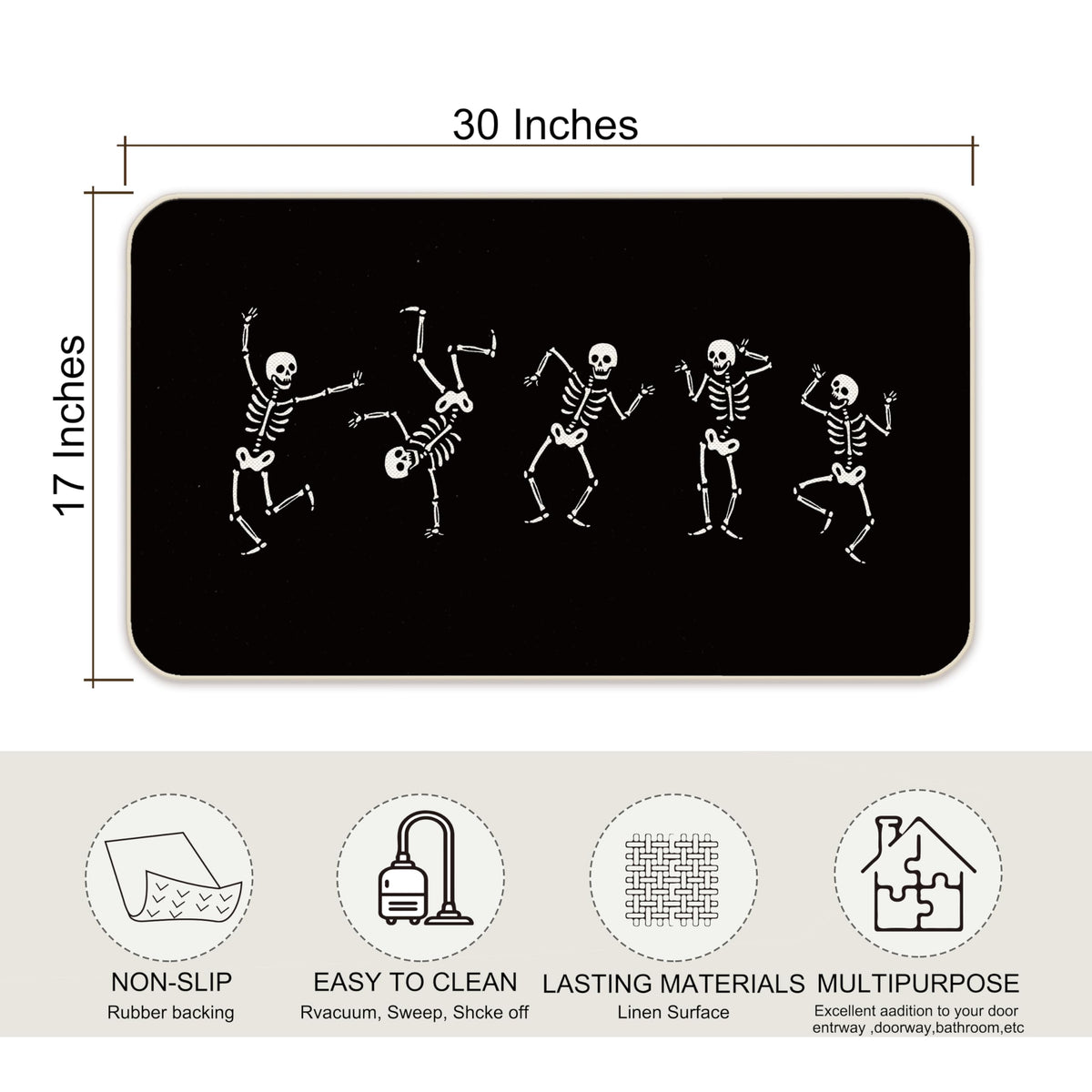 Farmhouse Halloween Funny Skeleton Gothic Skull Dancing 30 x 17 Inches Entryway Door mat,Front Door Entrance Outdoor Porch Home Decor,Halloween Skull Lover Fall Gifts