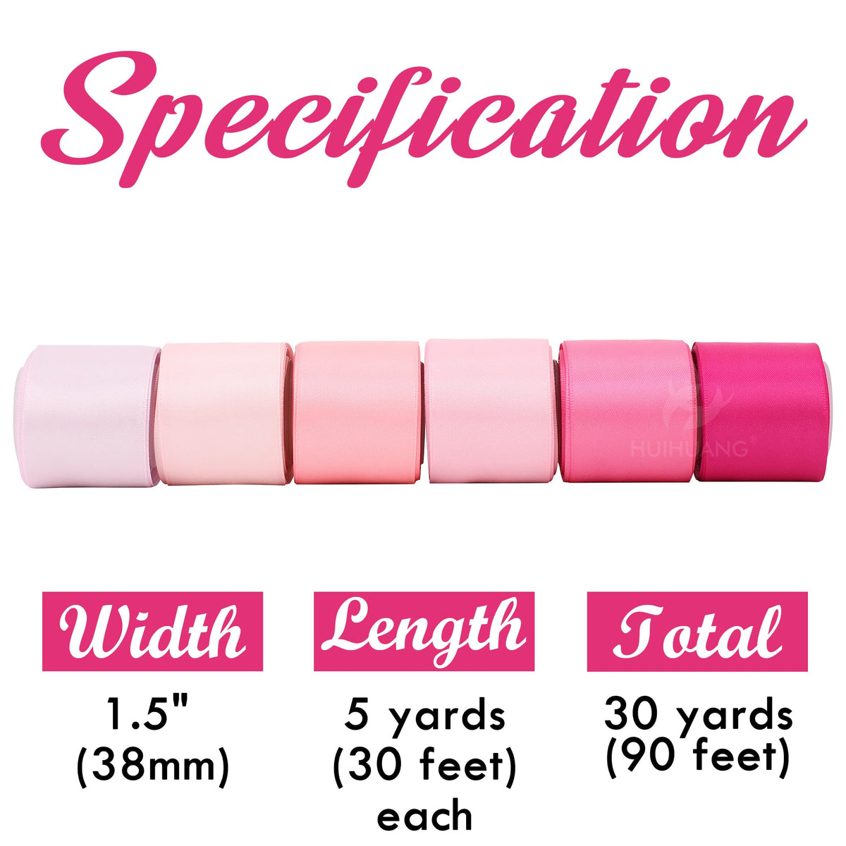 HUIHUANG Pink Ribbon 1-1/2" Satin Ribbon Assorted Pink/Hot Pink Satin Ribbons for Flower Bouquet, Gift Wrapping, Hair Bows Crafts, Wedding Bridal Shower Decor- 6 Rolls, Total 30 Yards