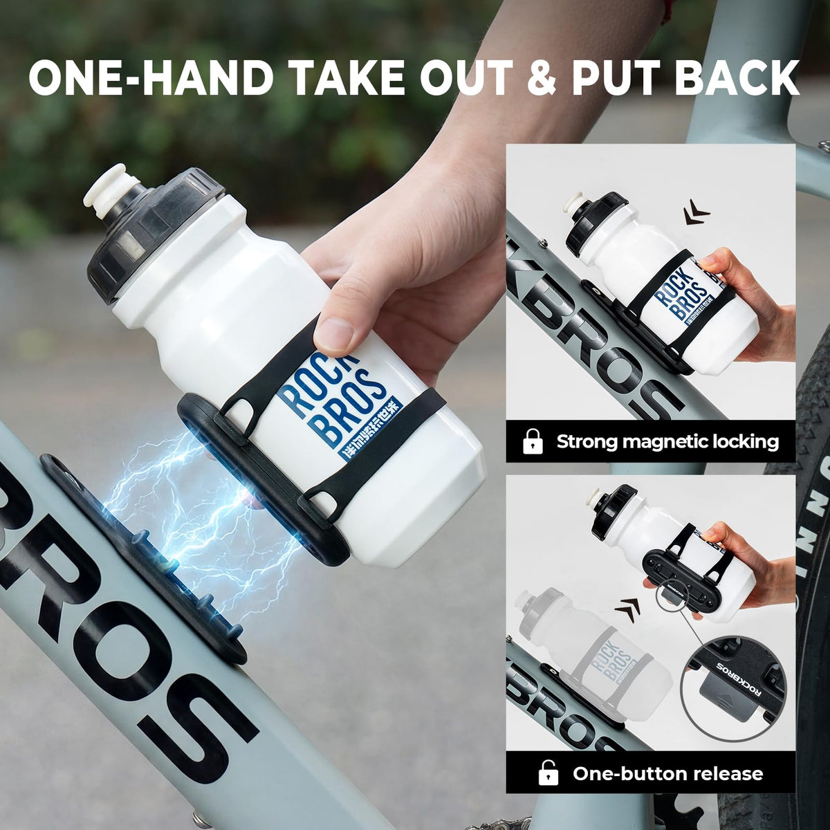 ROCKBROS Bike Water Bottle Holder with Strap, Magnetic Water Bottle Holder for Bike, Bike Cup Holder for Road, Mountain, Folding Bike, Ebike & Scooter