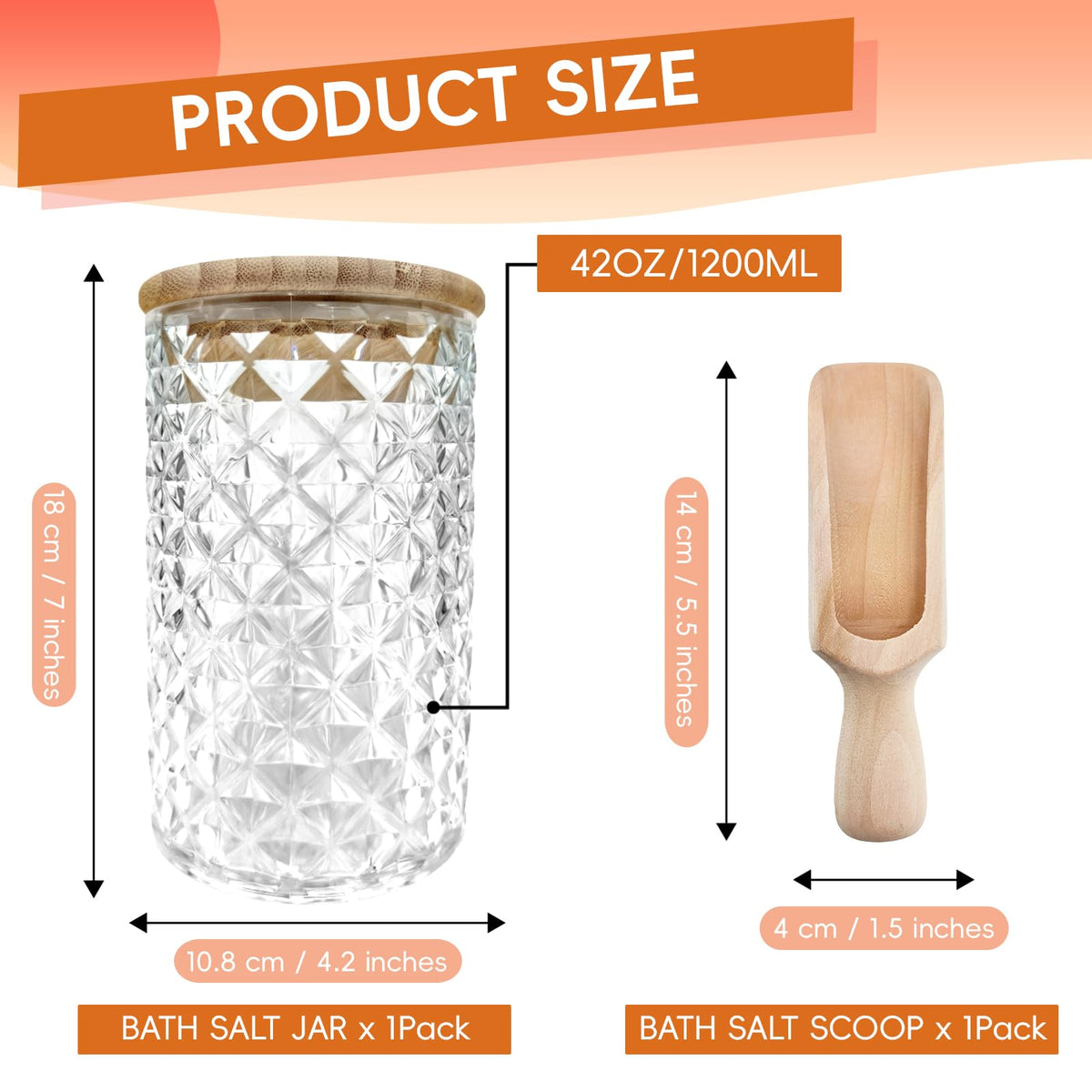 Pesilo 1200ML/42OZ Acrylic Bath Salt Jar, Clear Bath Salt Container with Wooden Scoop and Lid, Large Airtight Storage Canister for Bathroom Kitchen Tea Candy Spice, Bathtub Accessories for Women