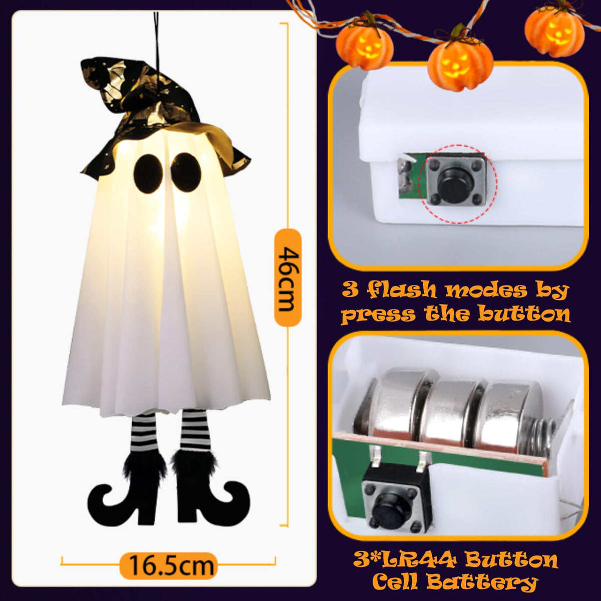Set of 3 Halloween Hanging Ghosts, Halloween Decorations Witch Hat Lights, Outdoor Glowing Ghost for Yard Patio Garden Tree