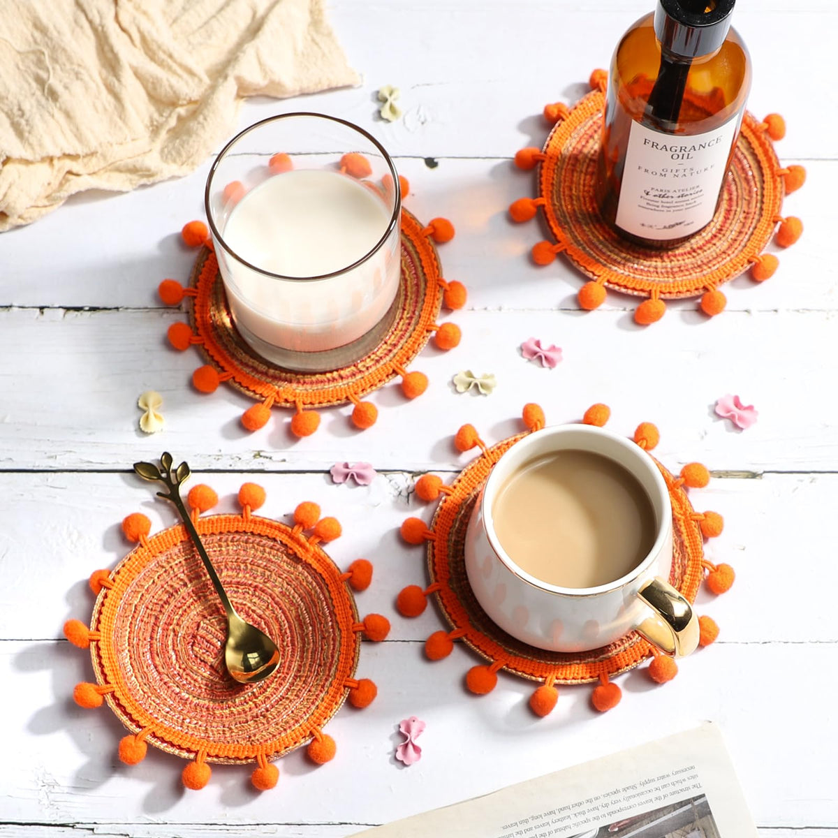 Drink Coaster Set of 6 Cotton Woven Coaster,Desktop Decoration Accessories Coasters, Table Coasters for Coffee Bar, 5.2 Inches (Orange)
