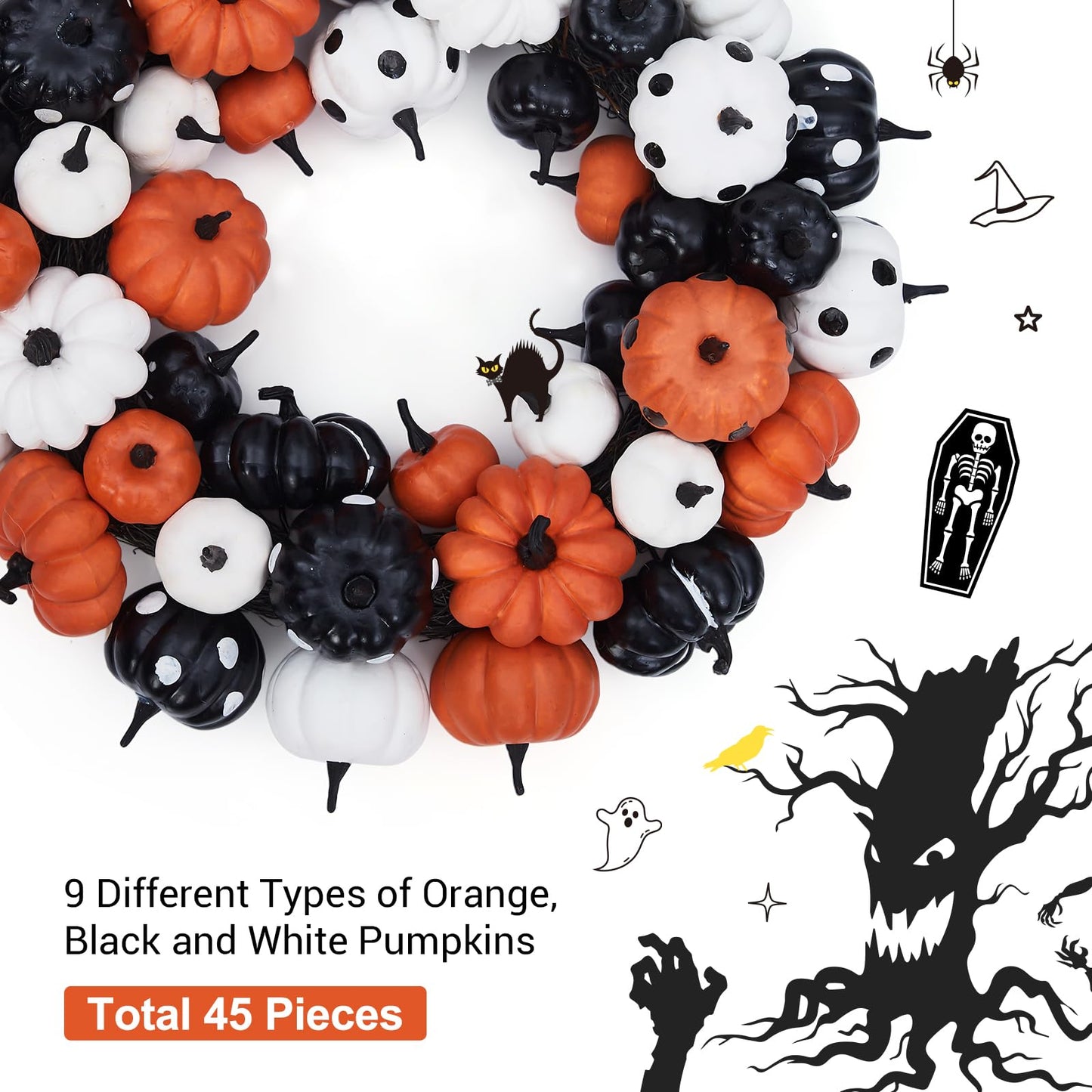 GarveeHome Halloween Pumpkin Wreath for Front Door, 18 in Fall Farmhouse Wreath with Orange, Black and White Pumpkins, Rattan Bottom Halloween Indoor Outdoor Home Party Decor
