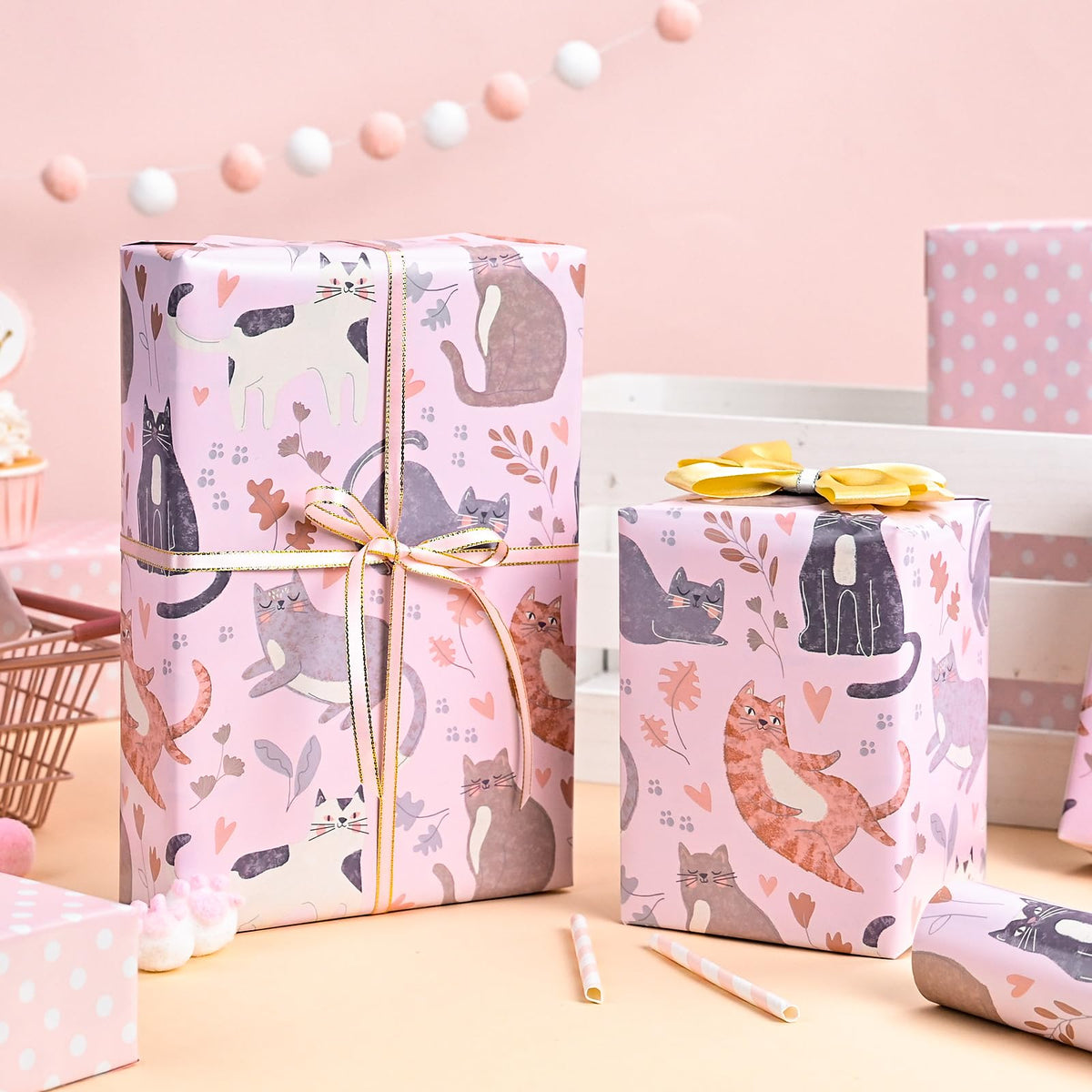 Burymento Reversible Cat Design Wrapping Paper Roll - Pink and white polka dot design on the other side, suitable for Valentine's Day, Birthday, Mother's Day, Wedding, Baby Shower