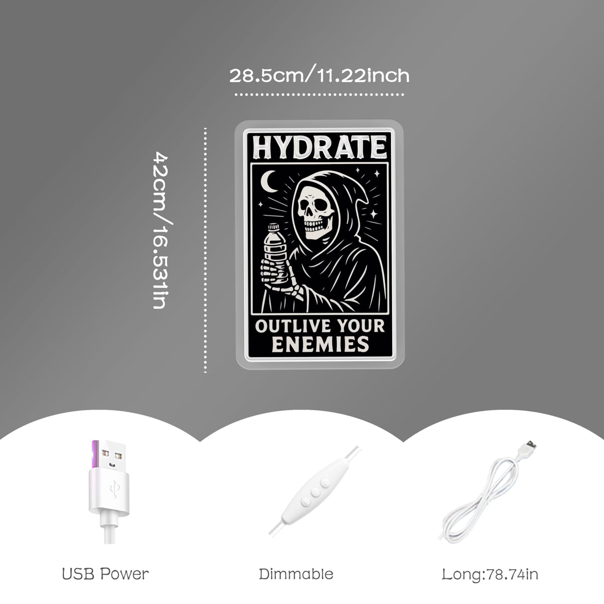 Grim Reaper "Hydrate" LED Neon Sign, Gothic Room Decor Aesthetic, Cool Neon Signs for Gaming Room, White Dimmable Acrylic Light with Printed Skeleton Art, 16.53x11.22"