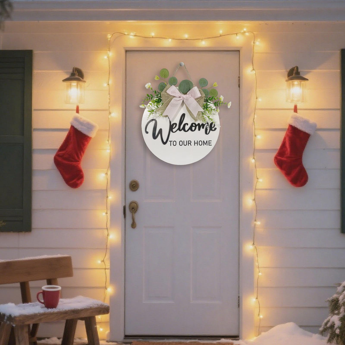 VPDTVK Welcome Sign for Front Door, Rustic Welcome Door Sign Outdoor Wreaths Decor for Spring Summer Autumn and Winter All Seasons Holiday Halloween Christmas(White)