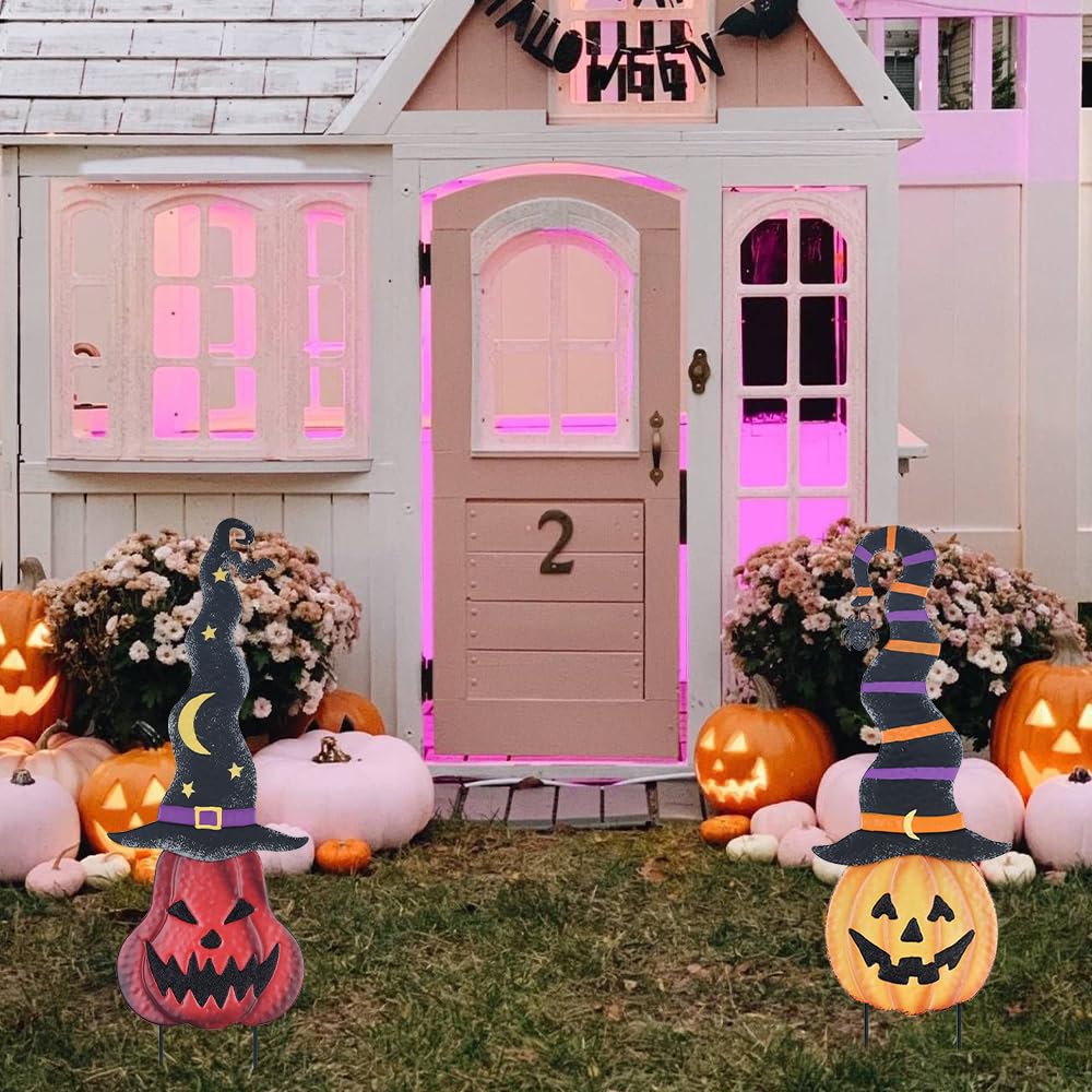 YEAHOME Halloween Decorations Outdoor, 2 Pack Metal Pumpkin Garden Stakes with Witch Hats for Halloween Decor, Jack o' Lantern Pumpkin Yard Signs for Outside Garden Lawn Patio Party Decorations