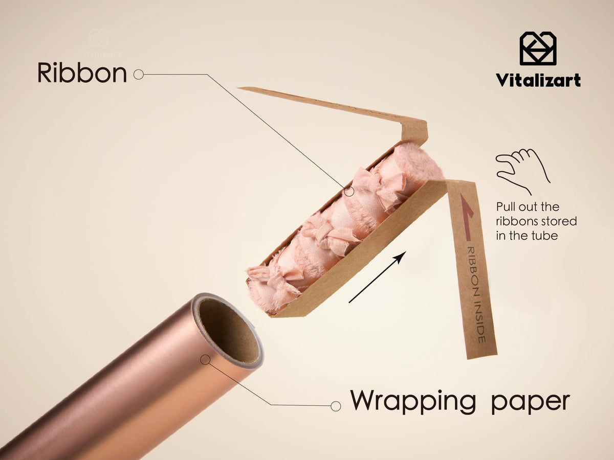 Vitalizart Pink Matte Metallic Wrapping Paper Set 17" With Silk Satin Ribbon & Gift Tags Christmas Gift Wrapping Birthday Baby Shower Wedding Bouquets Handmade Crafts 197"(16.4 Ft) Pink Ribbon