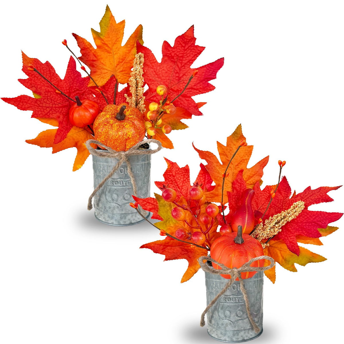 2 Pack 12" Fall Decorations for Home Fall Table Centerpieces Fall Arrangements Maples Leave Pumpkin Berried Wheat Realistic Moss in Metal Pots Thanksgiving Decorations for Home Kitchen Table Farmhouse