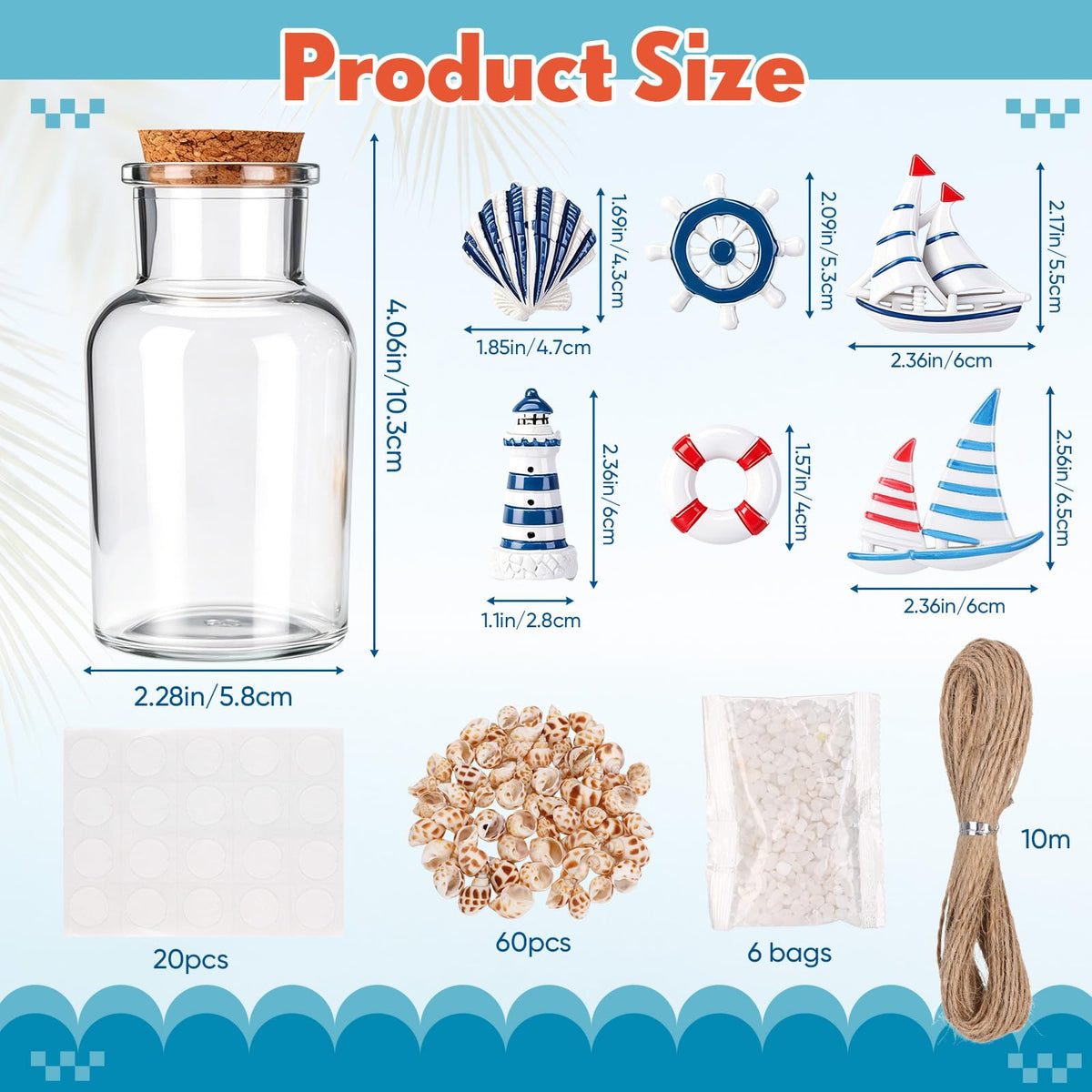 Gandeer 6 Pack Beach Glass Bottles with Cork Honeymoon Sand Jar White Sand Rocks Natural Sea Shells for Coastal Beach Room Decor Home Tabletop Summer Decorations Bridal Shower Gifts