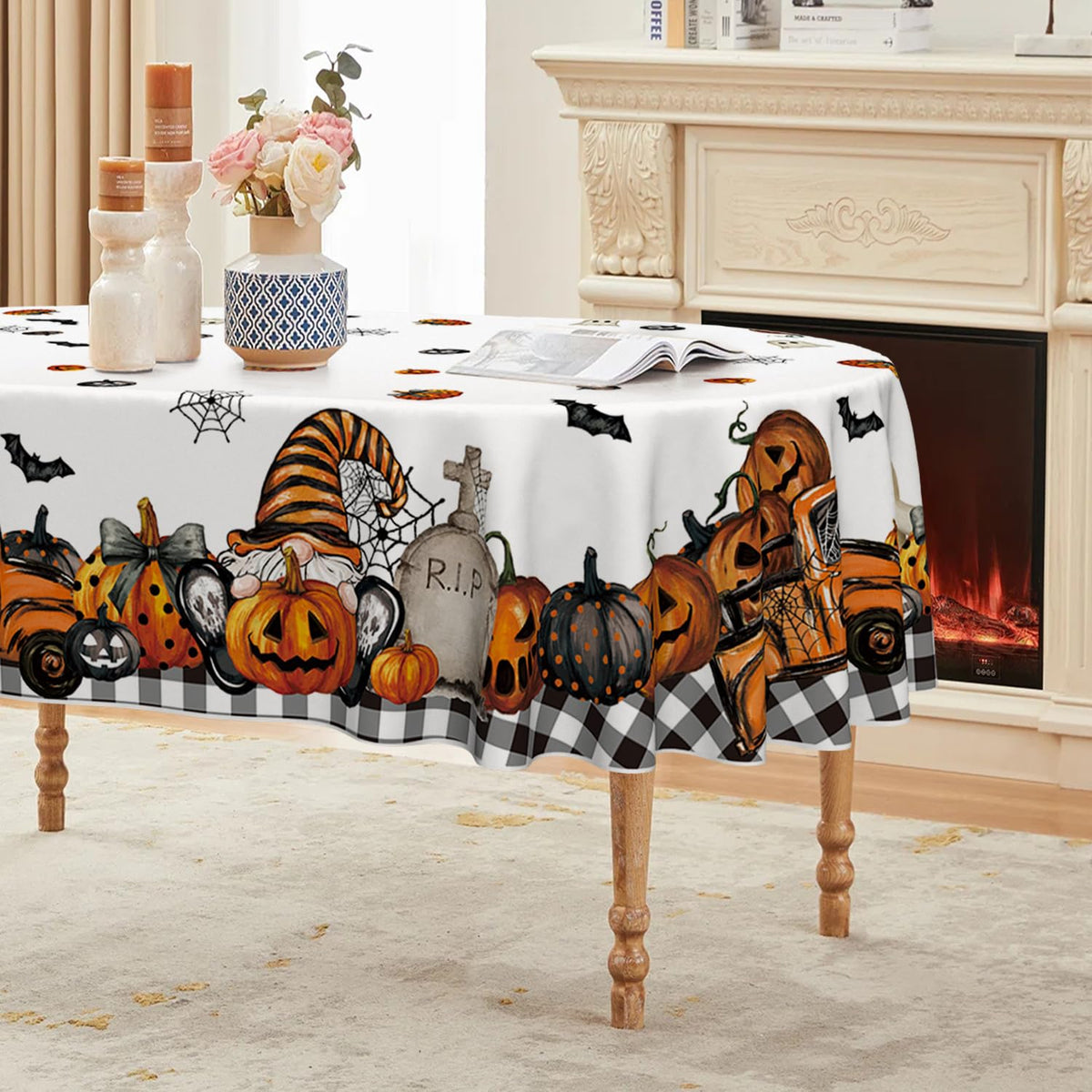 Horaldaily Halloween Tablecloth 60×84 Inch Oval, Ghost Pumpkin Washable Table Cover for Party Picnic Dinner Decor