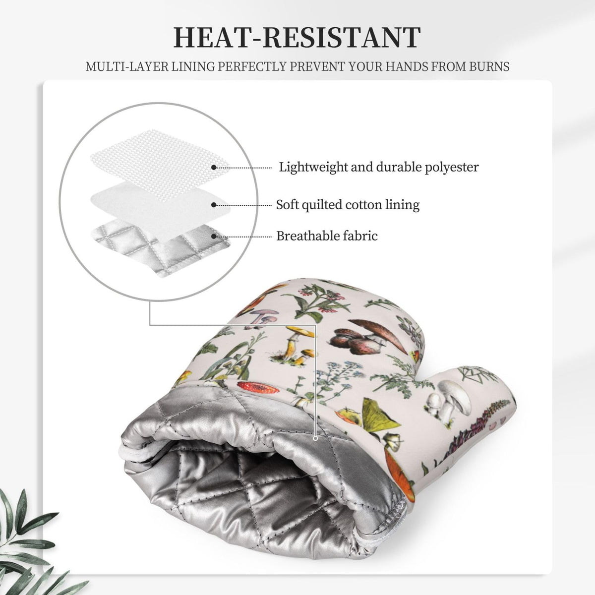CEVIOLINRE Vintage Botanical Oven Mitts and Pot Holders Set Silicone Heat Resistant Plants Herbs Mushroom Kitchen Gloves Set Nature Floral Kitchen Mittens Pot Holders for BBQ Cooking Baking Grilling