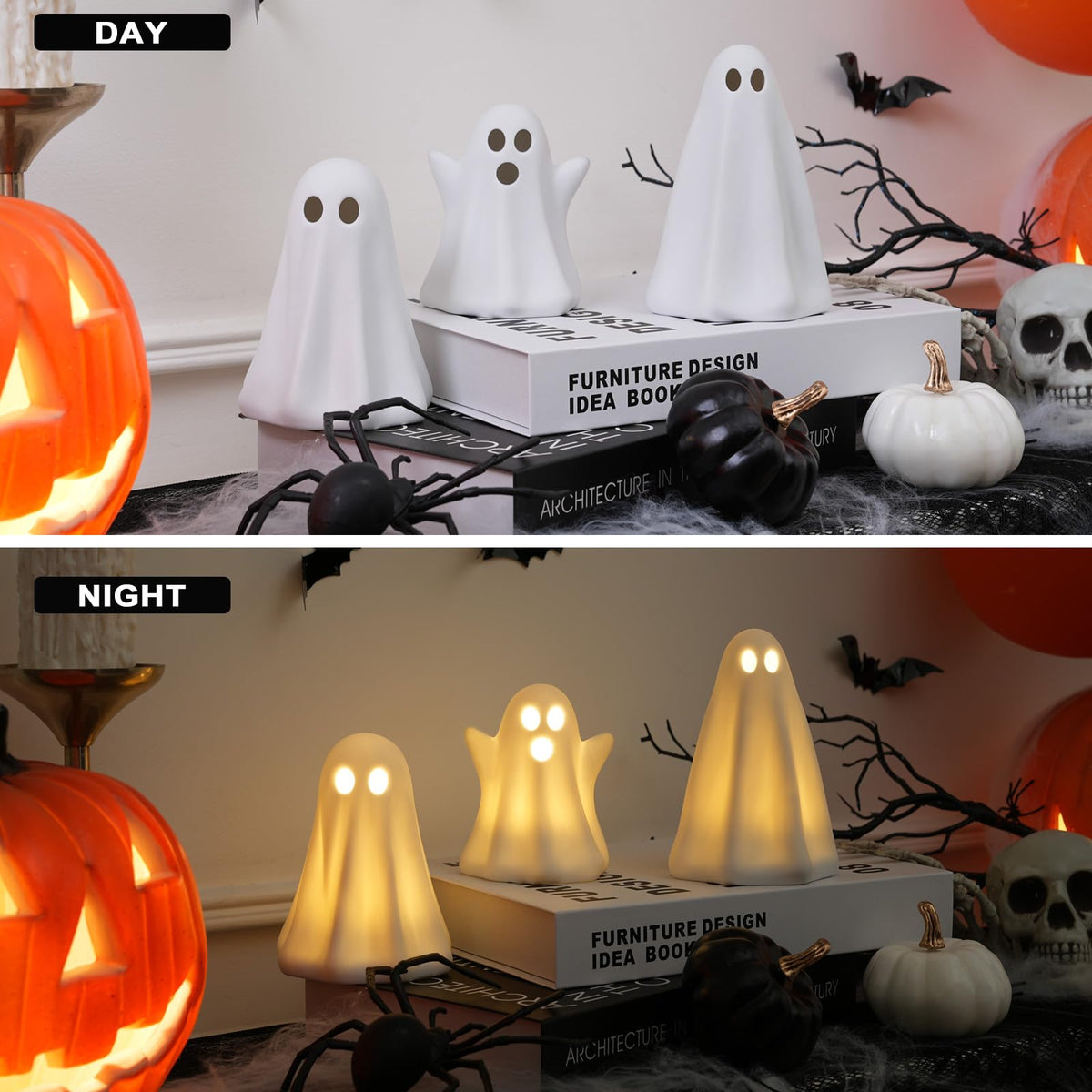 Light Up Ghost Halloween Decor - 3 Pack Ceramic White Ghost Figurines - Indoor, Table, Tray