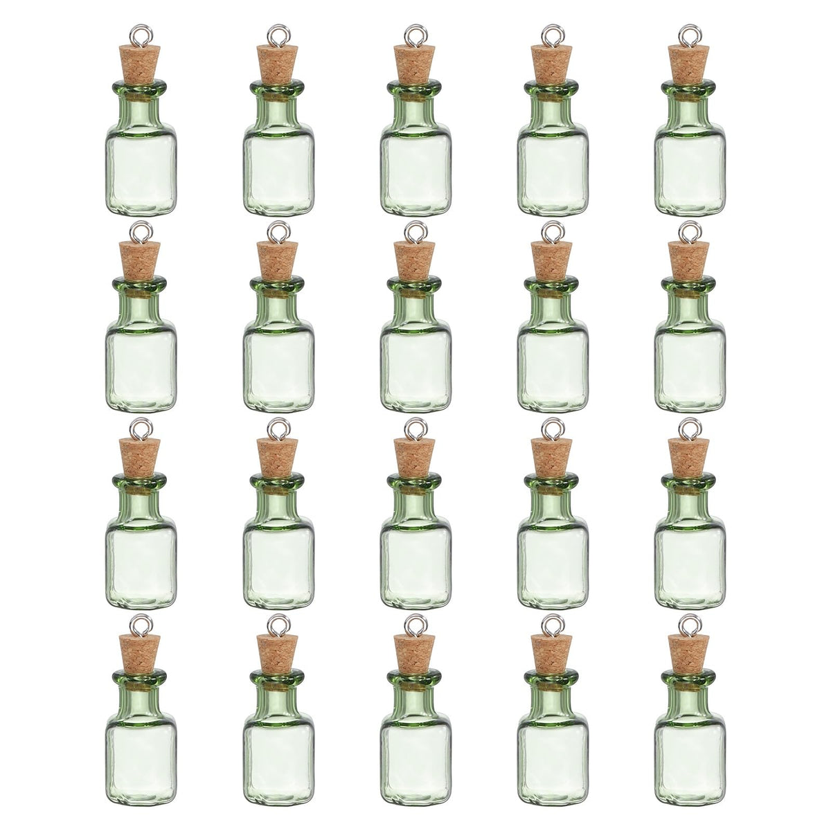 HARFINGTON 20 Pcs Mini Glass Bottles Jars, Square Small Cute Glass Jars Vials Pendants Small Vials Wishing Bottle with Cork Stoppers and Eye Screws for DIY Crafts Wedding Favors, Green