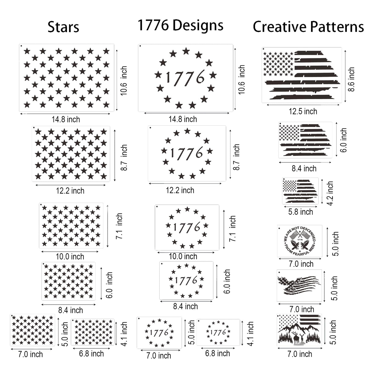 18 Pcs Large American Flag 50 Star Stencils for Painting, Reusable Patriotic 4th of July Stencil Kit with 1776 Designs for DIY Wood Signs, Wall, Canvas & Fabric Crafts