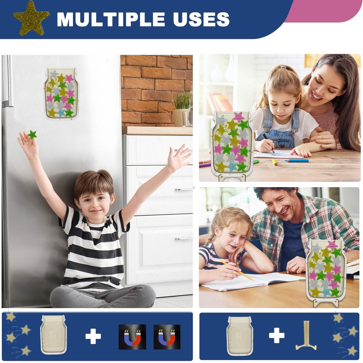 Orbixa Magnetic Star Reward Jar for Kids & Students – Glitter Magnetic Reward System for Classroom & Home, Personalized Behavior Chart with Sparkling Stars, Alphabet Stickers & Velvet Bag (Glitter)