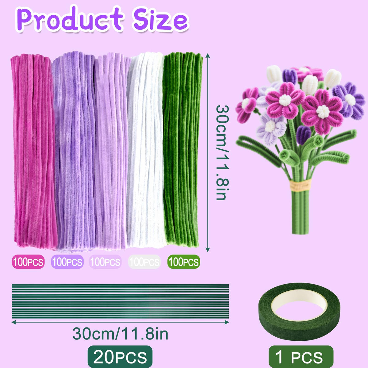 ASTARON 521 Pcs Pipe Cleaners Craft Set, 5 Colors Pipe Cleaners Bulk Pastel Chenille Stems for Craft Pipe Cleaner Flowers Making Kit with Floral Wires, Gardening Tape (Purple Series)
