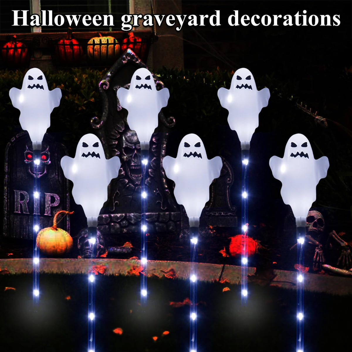 6 Pack Solar Halloween Ghosts Outdoor Decorations, Solar Halloween Lights Outdoor Waterproof, Pathway Lights for Outside Garden Patio Yard Lawn Party Walkway Grave Ghost Decor