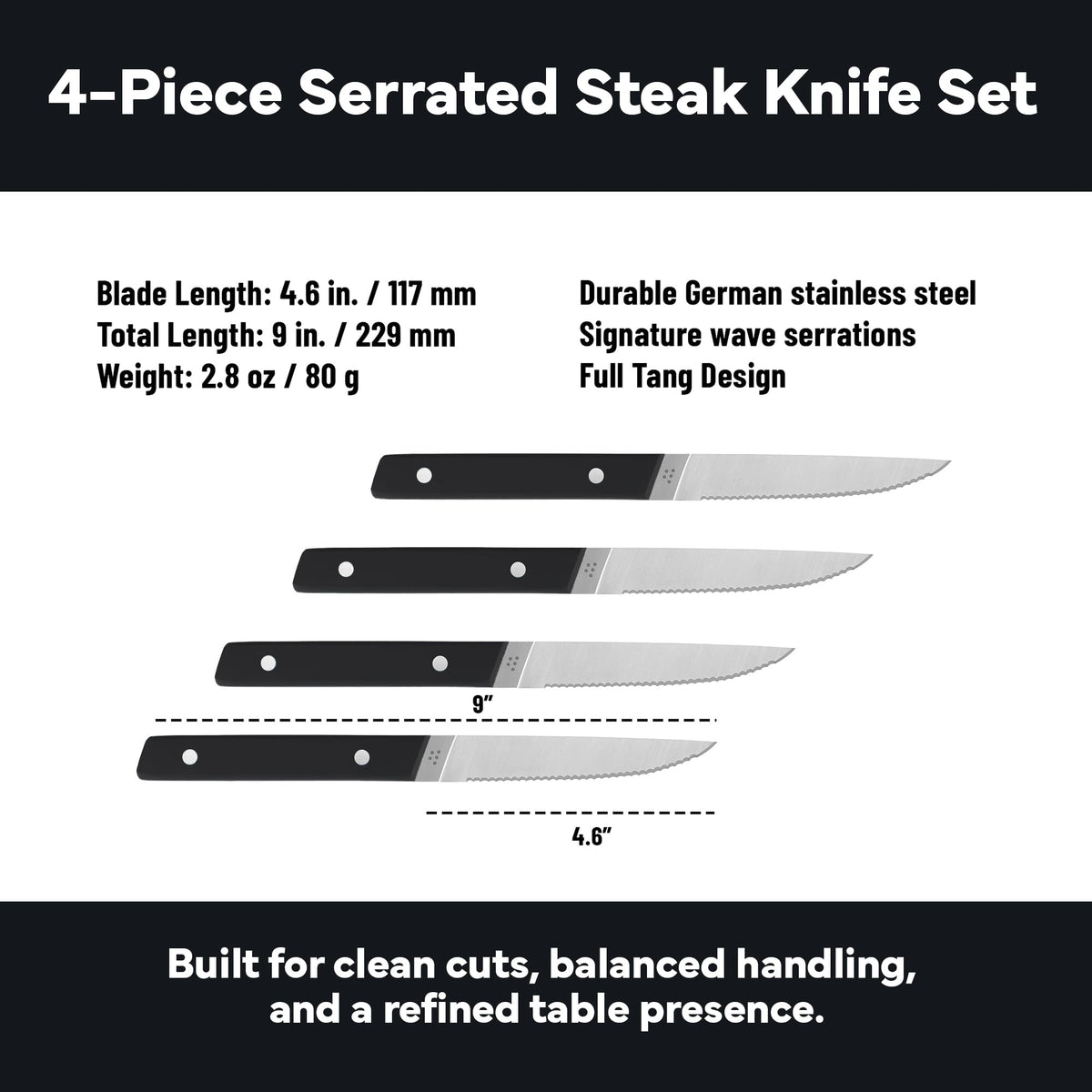 Misen Steak Knives Set of 4 - Precision Serrated Blades for Effortless Dining - Stainless Steel - Superior Cuts with Four Steak Knives Handles - Black
