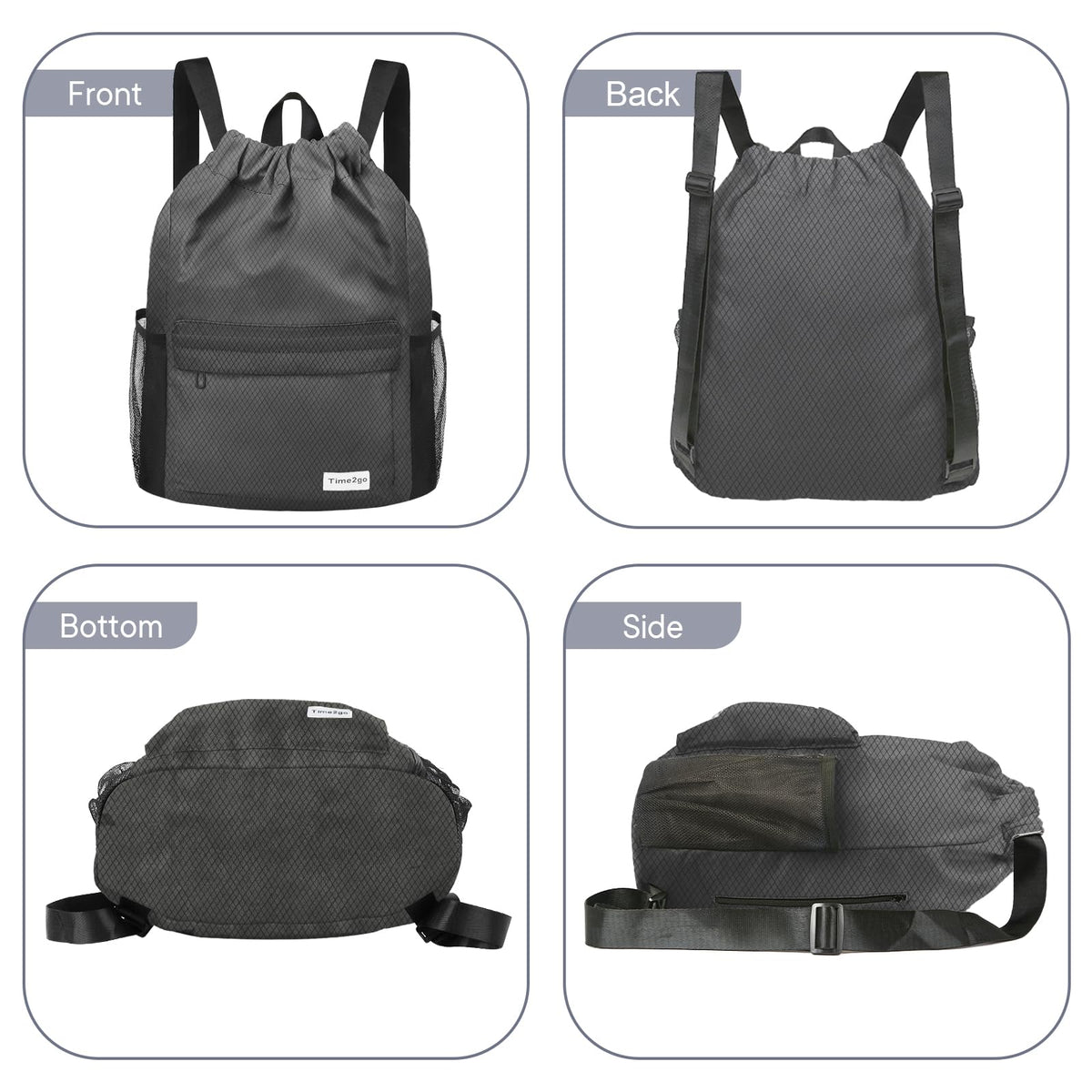 time2go Waterproof Drawstring Backpack Sports Gym Sackpack with Mesh Pockets Water-Resistant String Cinch Beach Bag for Men Women