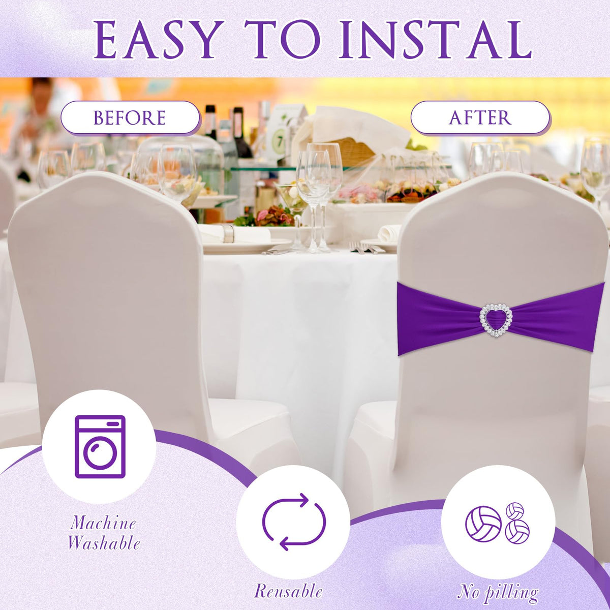 VitalCozy 100 Pcs Spandex Chair Sashes with Heart Shaped Buckle Slider Stretch Chair Cover Band Universal Elastic Ties for Wedding Banquet Event Party Decoration(Purple)