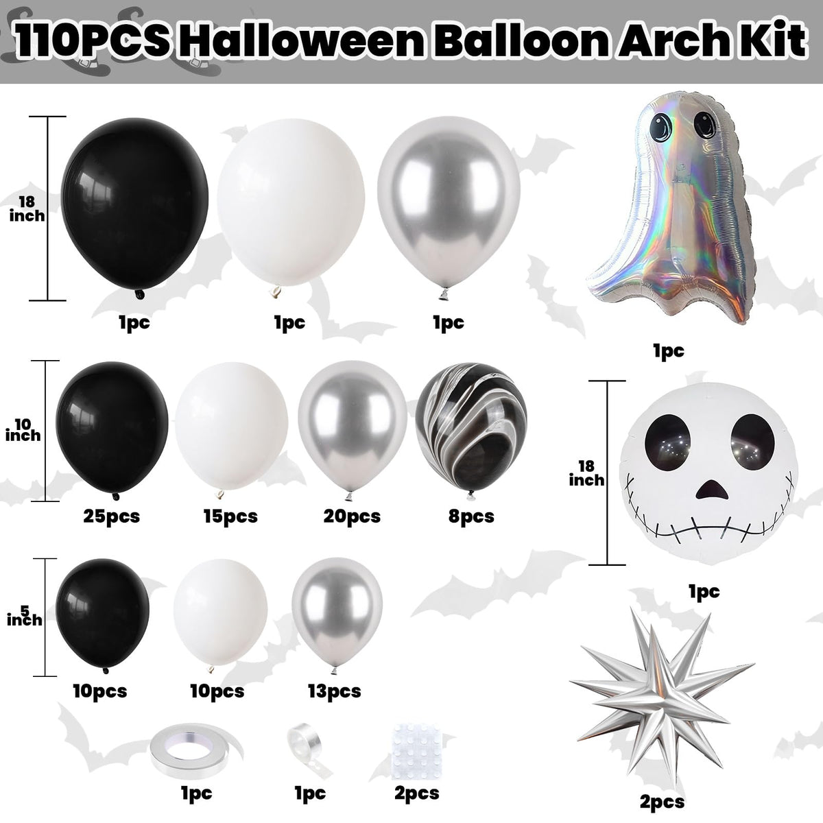 Halloween Balloon Arch Kit,110Pcs Black White and Silver Latex and Foil Balloon with Ghost,Skull Design for Halloween Birthday Bachelorette Baby Shower Wedding Party Decorations