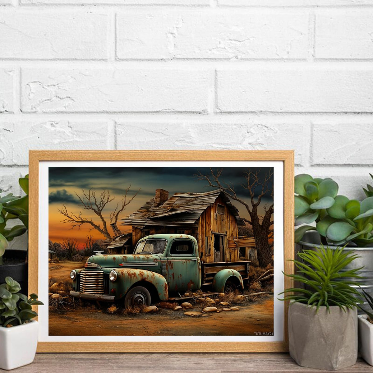 TUTUMAY21 5D Diamond Art Painting Old Rusted Green Truck Car and Wooden House Full Drill Diamond Art Painting by Number Kits for Adults Round Beads Mosaic Cross Stitch for Wall Decoration 12x16 inch