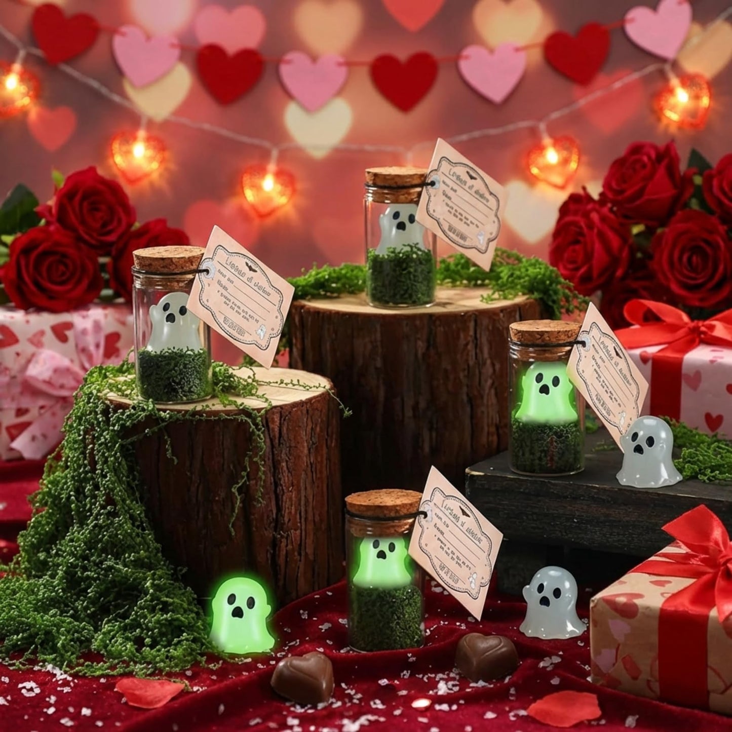 Vicenpal 37 Pcs Valentines Day Adopt a Ghost in a Mason Jar Glow in the Dark Ghost Bottle Bulk with Moss and Card Cute Valentine Figurine Bulk for Valentines Decorations DIY Party Gifts