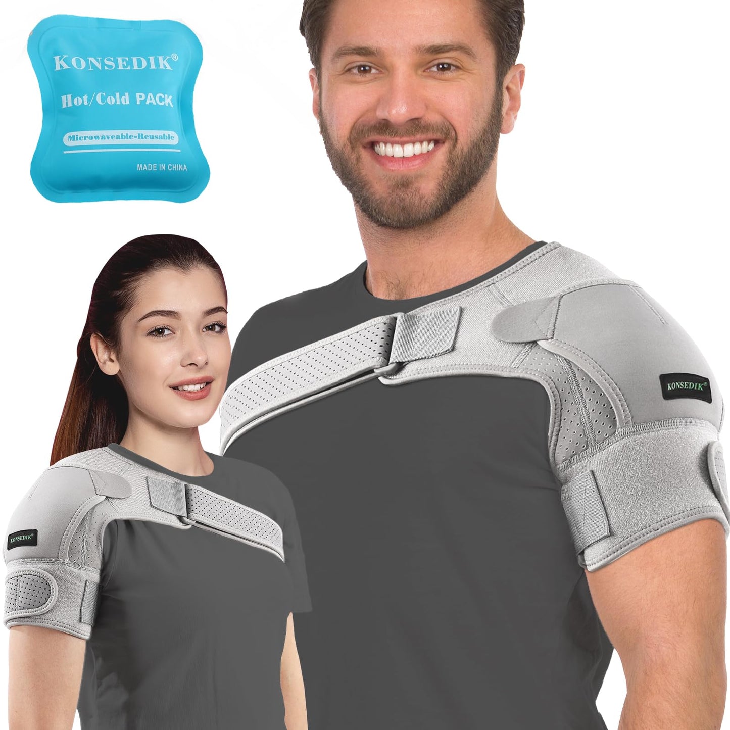 KONSEDIK Shoulder Brace Immobilizer with Ice Pack,Compression Rotator Cuff Support for AC Joint Pain Relief,Frozen Shoulder,Dislocation,Labrum Tear,Adjustable Wrap for Men&Women Left/Right(Gray,Medium)