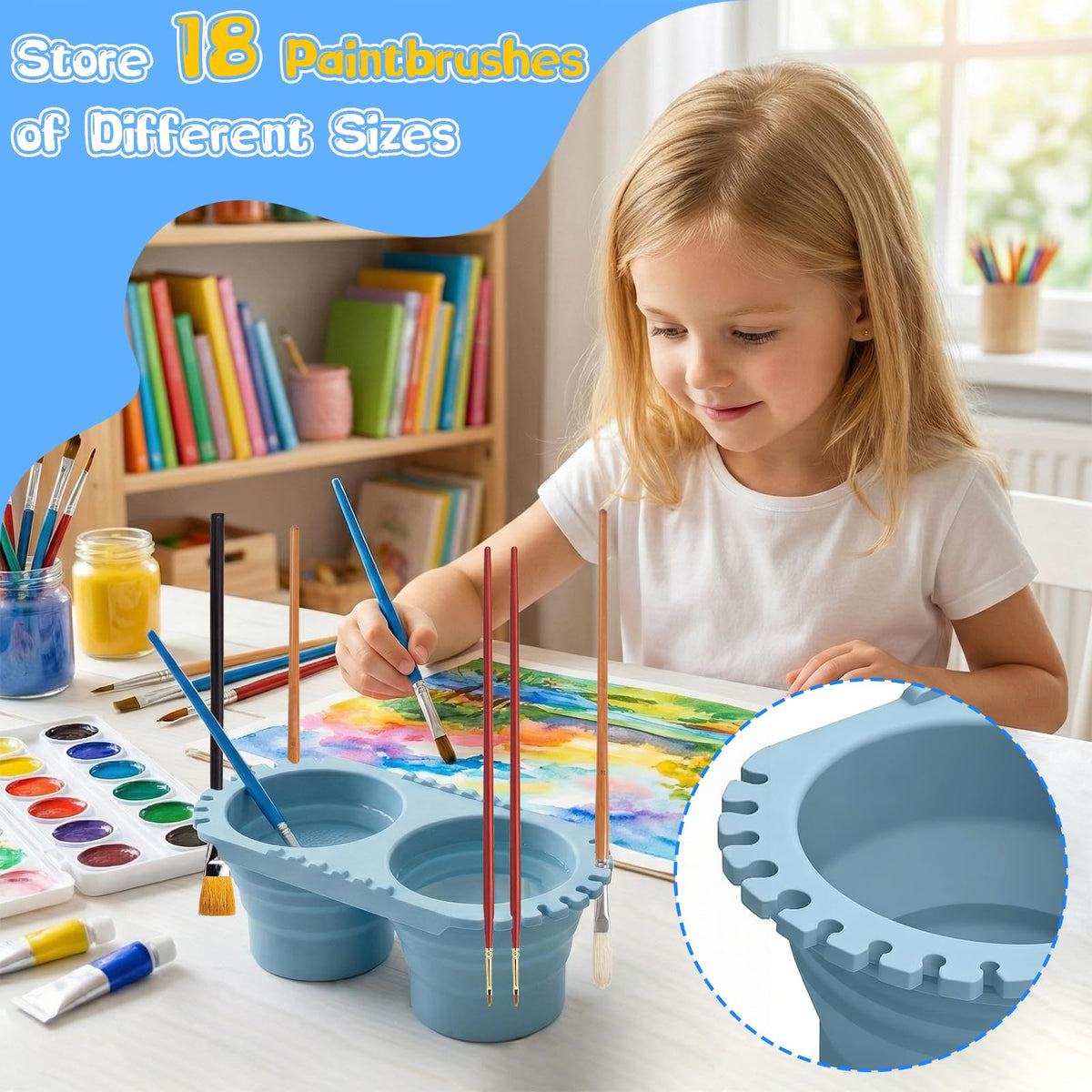 Lwuey Paint Brush Cleaner Cup - Foldable Silicone Brush Cleaning Rinse Cup with Dual Cleaning Compartments and Brush Holder, Portable Artist Travel Supplies Suitable for Acrylics, Watercolors